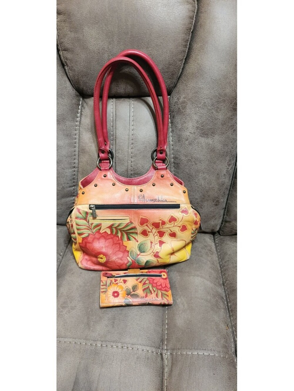 Anuschka Hand-Painted Leather Floral Shoulder Bag with Matching Wallet